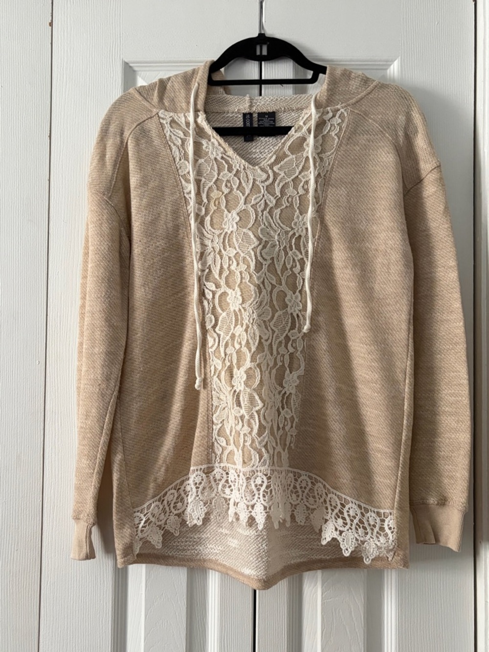 Lace-Trim Hooded Pullover Sweatshirt in Cream